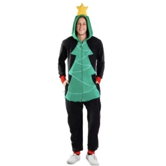 Tipsey Elves Mens L Christmas Tree Fleece Full Zip Hooded Jumpsuit Costume New - Picture 1 of 5
